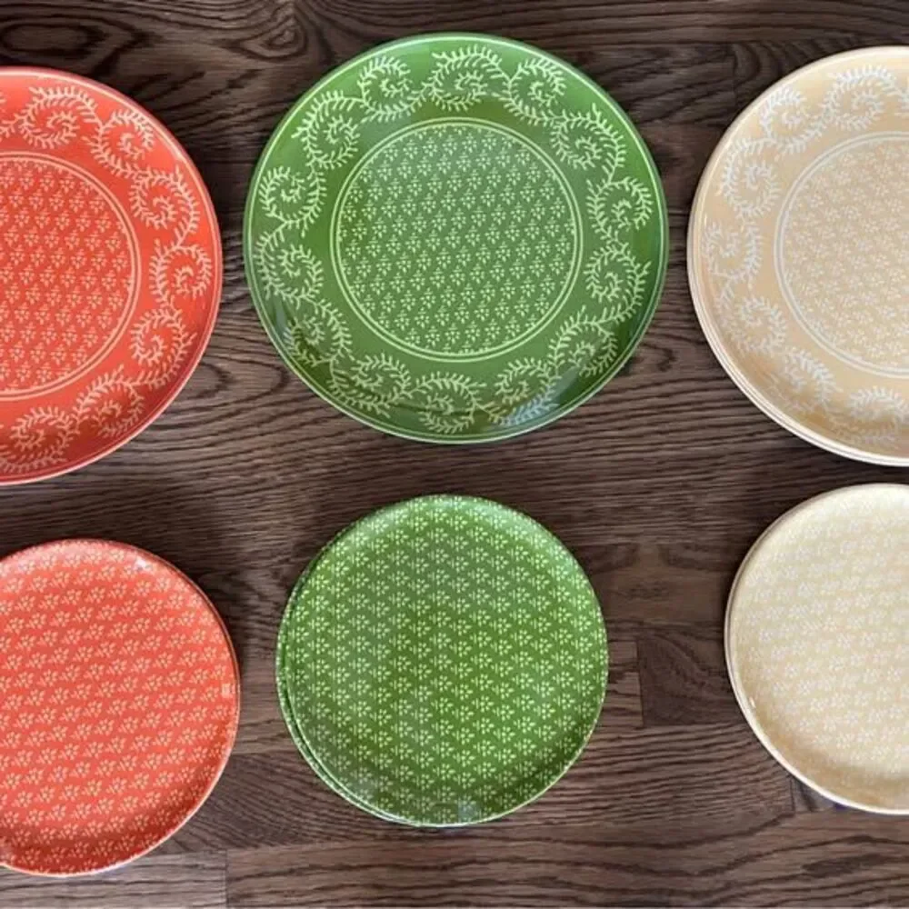 Precidio Melamine Dinner & Salad Plates; Green/Orange/Yellow (13 Total)